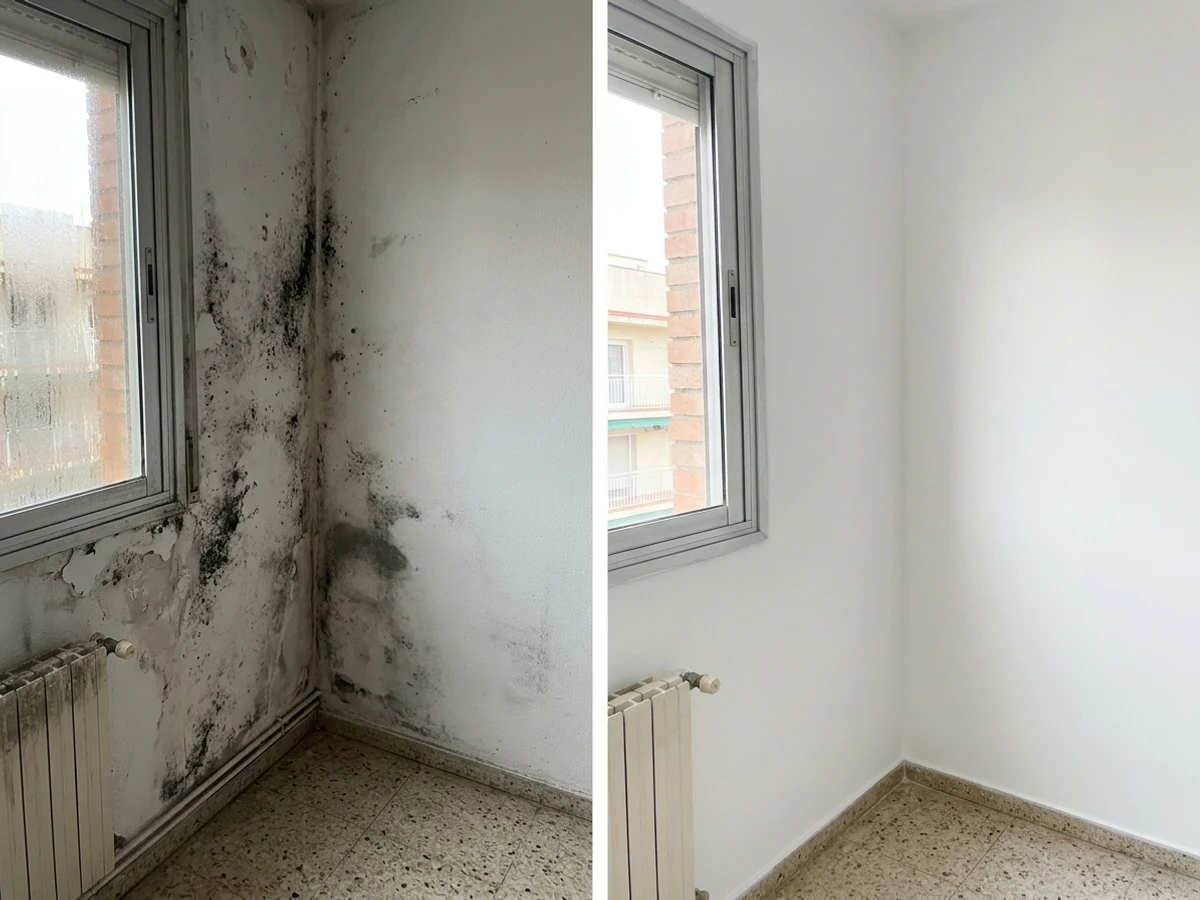 Antes y después de eliminar humedad por condensación y moho negro en pared fría en Sabadell