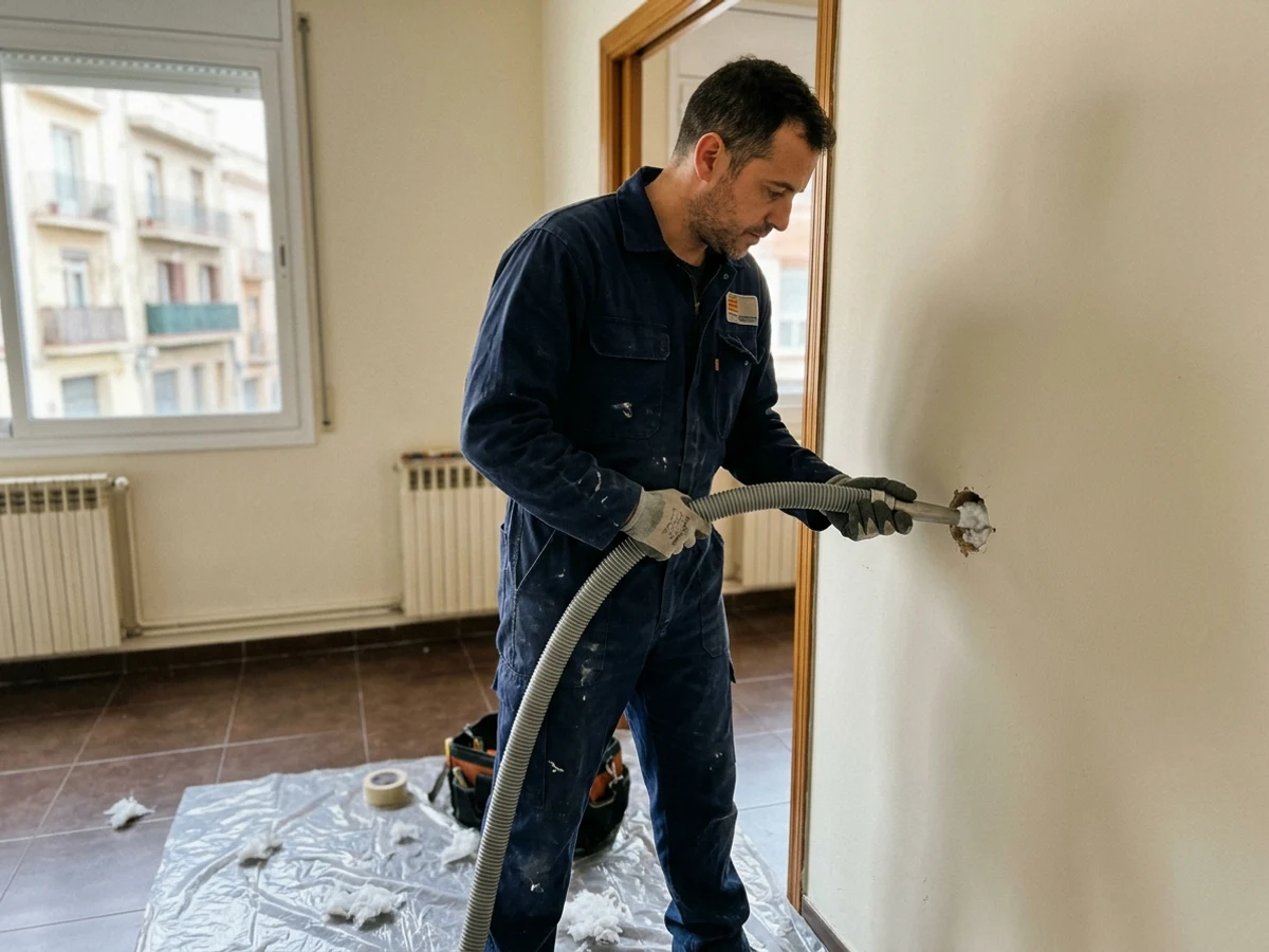 Técnico inyectando lana mineral en cámara de aire de vivienda en Sabadell