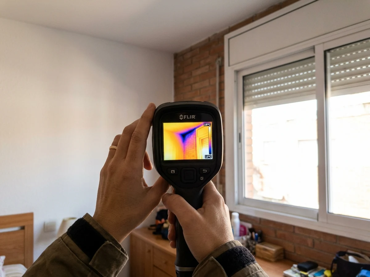 Inspección con cámara termográfica FLIR de puente térmico en pared de Sabadell